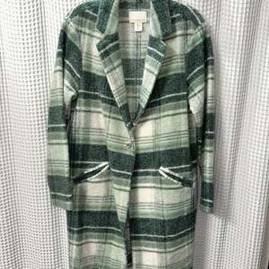 Cynthia Rowley Green and Ivory Plaid Longline Notch Lapel Overcoat